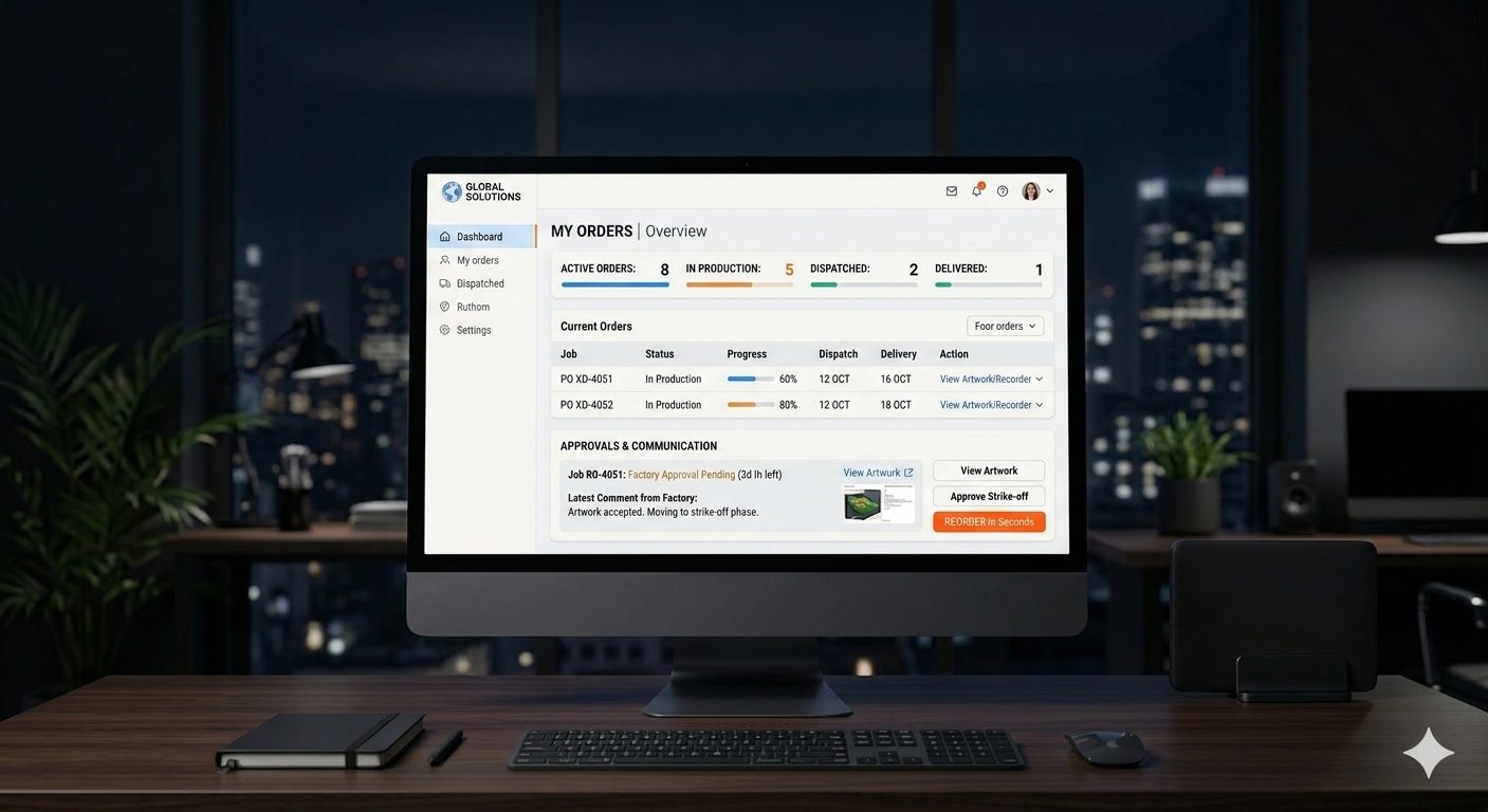 Online client dashboard showing order status, approvals, and dispatch tracking