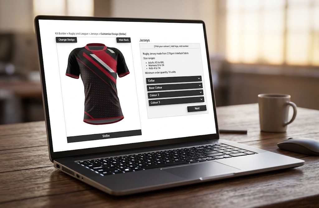 Interactive kit builder letting a customer customise a jersey design online